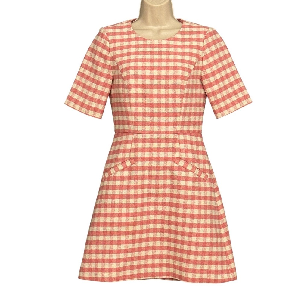 J Crew Womens Dress 0 Pink Gingham Check Terry Tweed Fit Flare Feminine Preppy